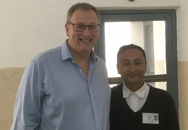 Moderator Dr Frank Sellar with a hospital chaplain in the United Mission Hospital, Tansen